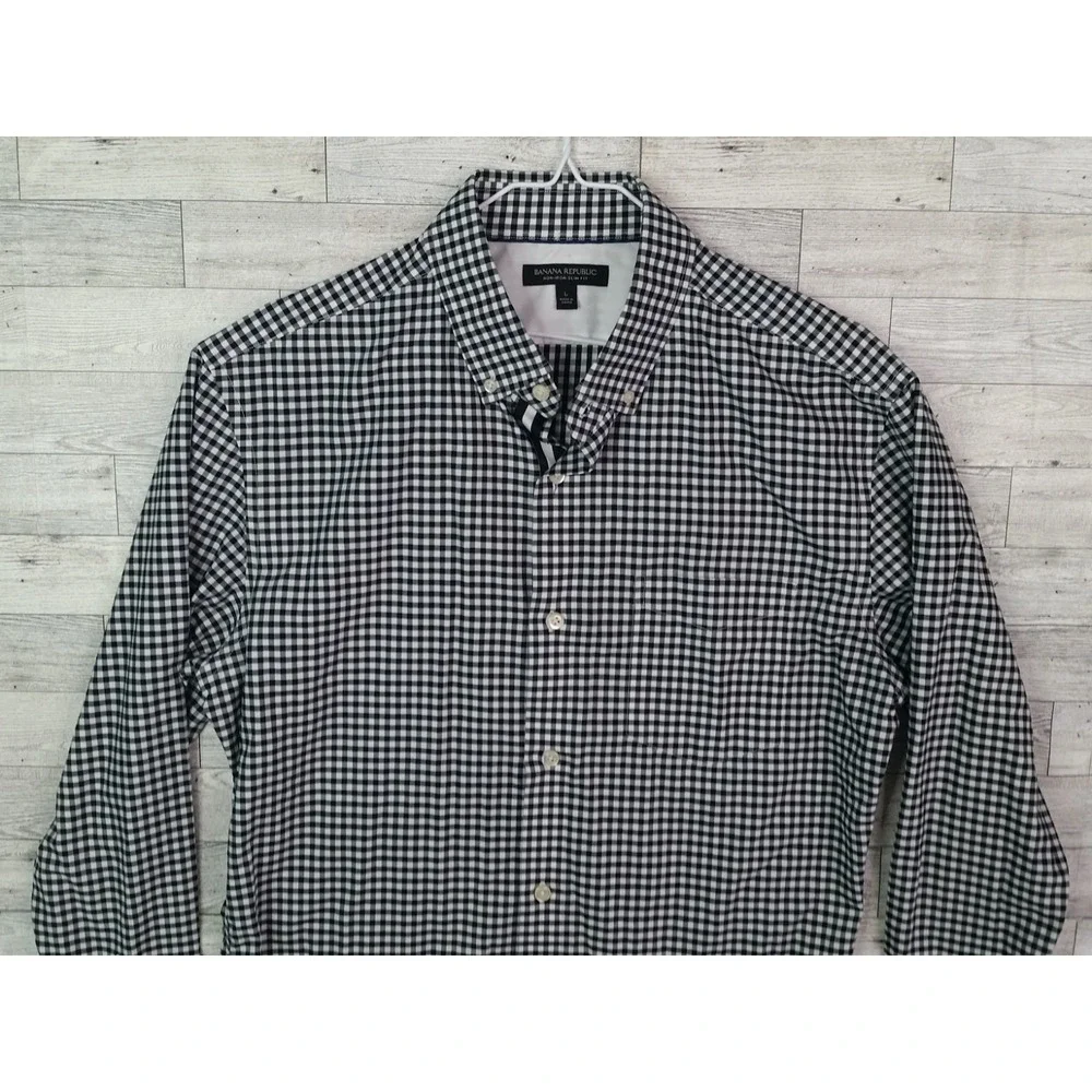 Banana Republic Button Down Plaid Shirt Dress Slim Fit Non Iron Long Sleeve Sz L